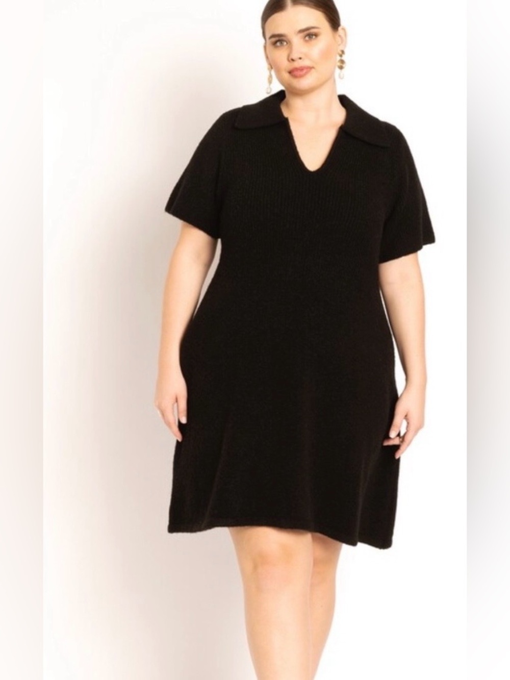 Eloquii Black Short-Sleeve collared V-neck A-line Sweater Dress, size 14/16 plus
